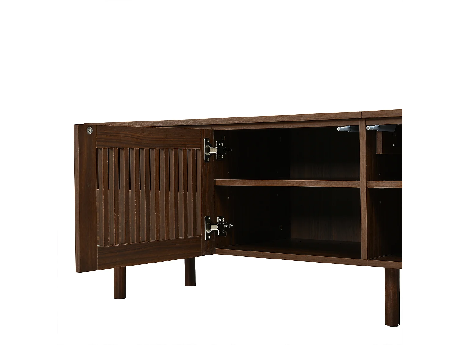Meuble TV 180 cm en MDF couleur noyer, 2 portes ajourées et 2 tiroirs