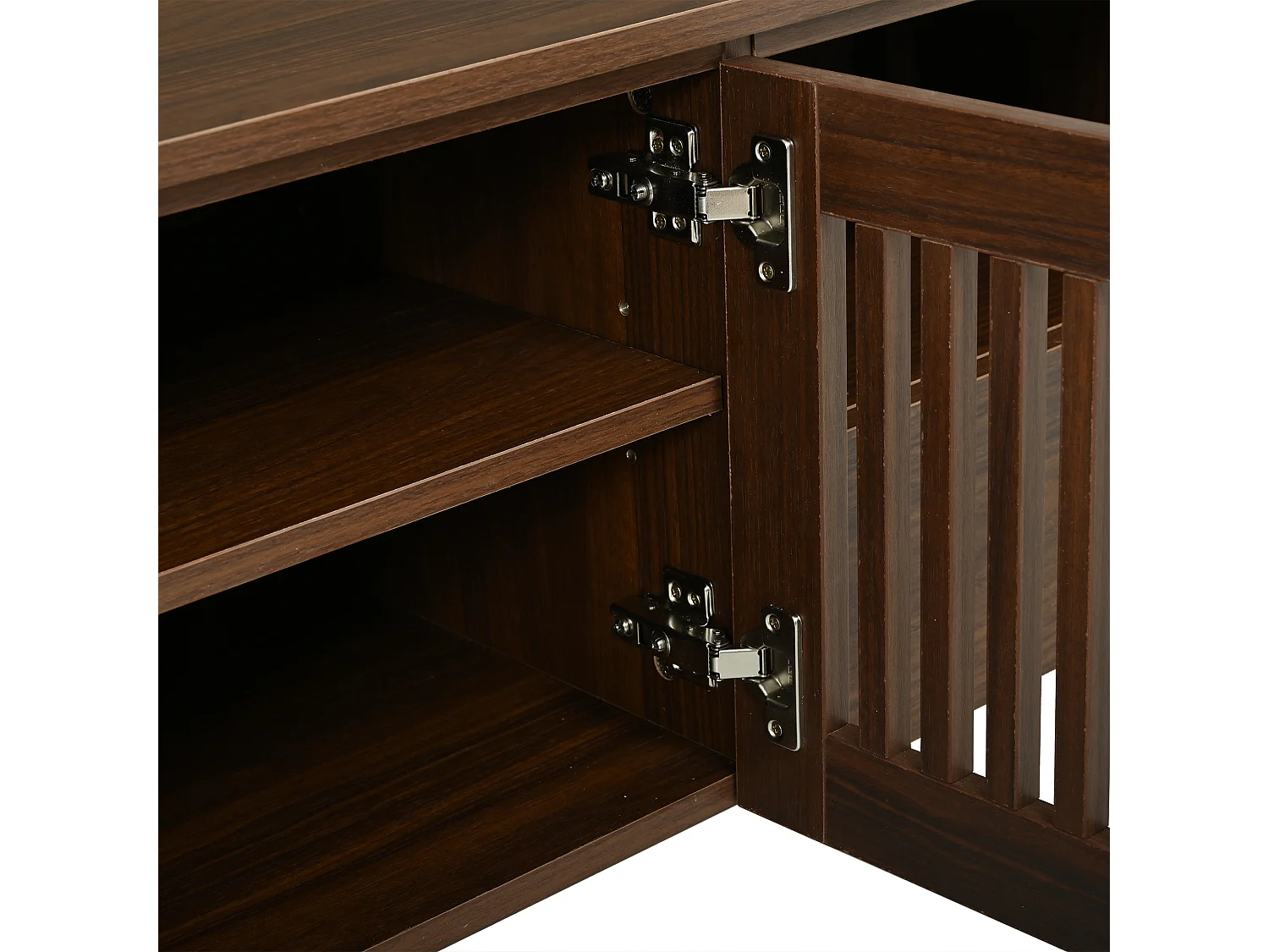 Meuble TV 180 cm en MDF couleur noyer, 2 portes ajourées et 2 tiroirs