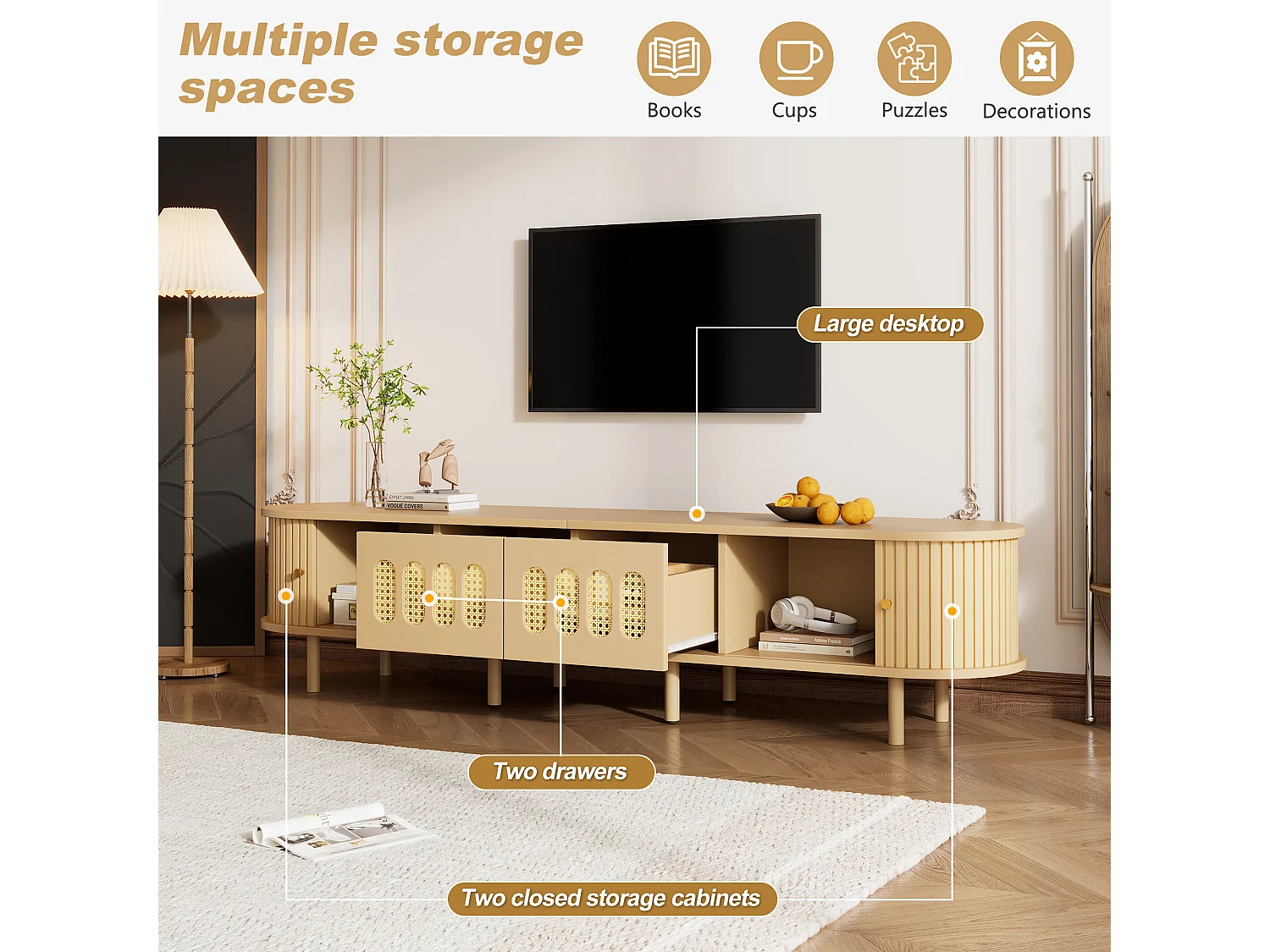 Meuble TV couleur bois clair en MDF, 180 cm, portes style cannage et rideau