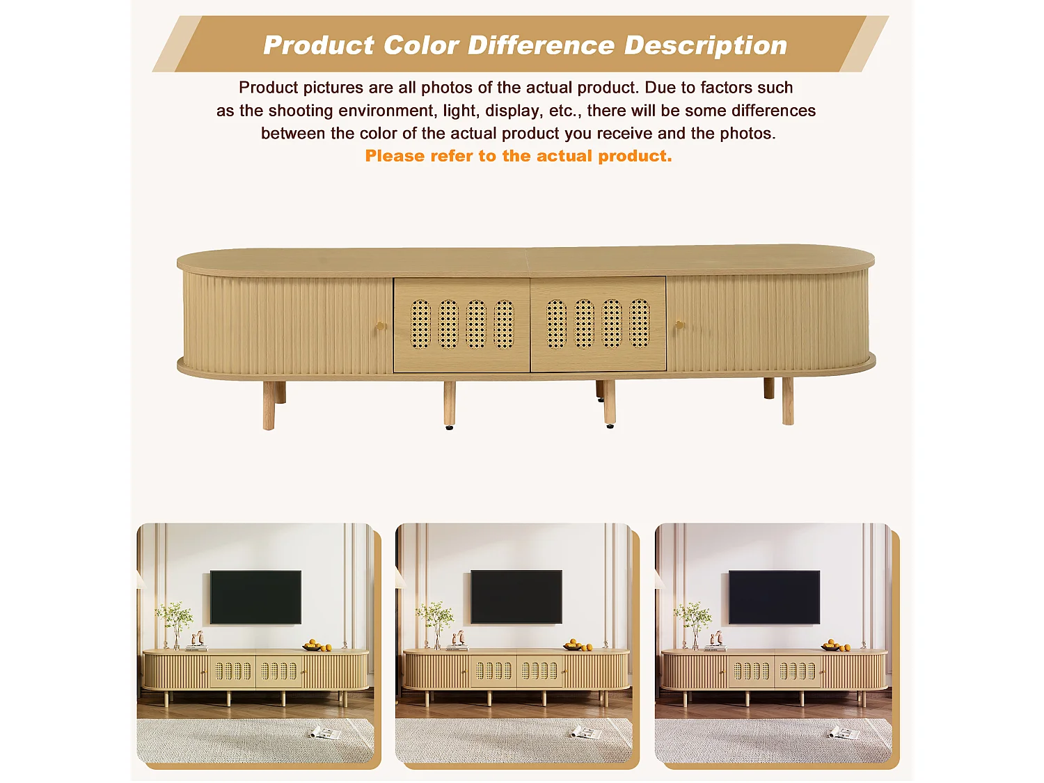 Meuble TV couleur bois clair en MDF, 180 cm, portes style cannage et rideau