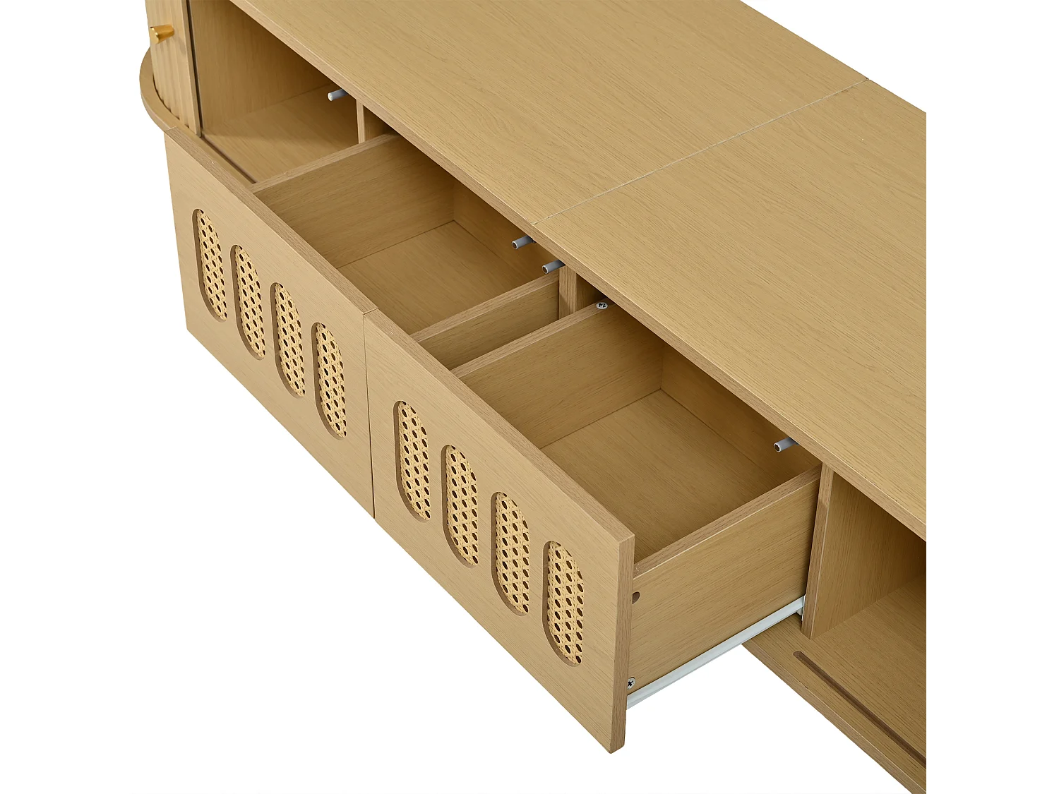 Meuble TV couleur bois clair en MDF, 180 cm, portes style cannage et rideau
