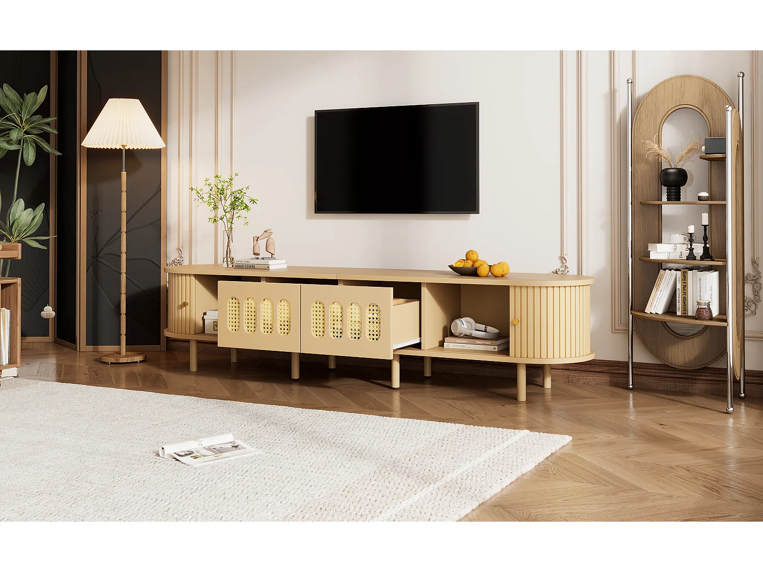 Meuble TV couleur bois clair en MDF, 180 cm, portes style cannage et rideau