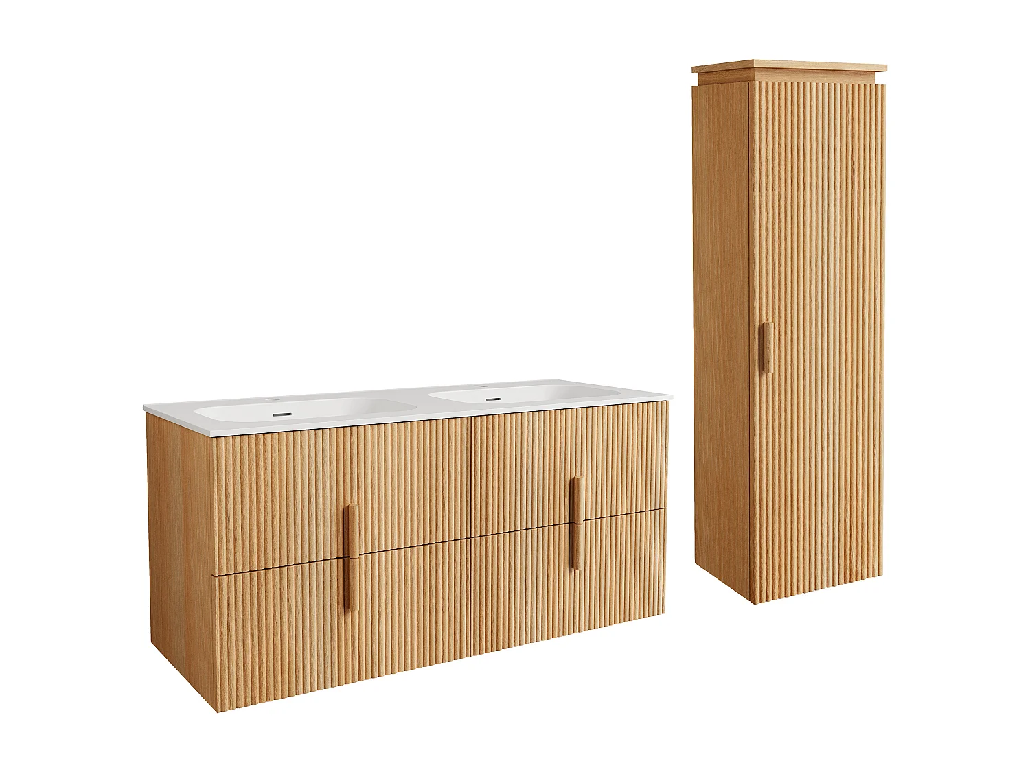 Meuble de salle de bain suspendu strié en bois de frêne avec vasque à encastrer en résine blanc mat et colonne – Naturel clair – 120 cm – CAPRELA