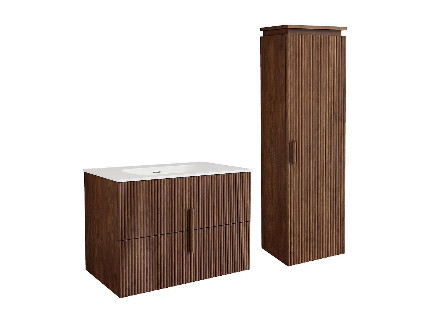 Meuble de salle de bain suspendu strié en bois de frêne avec vasque à encastrer en résine blanc mat et colonne – Naturel foncé – 80 cm – CAPRELA
