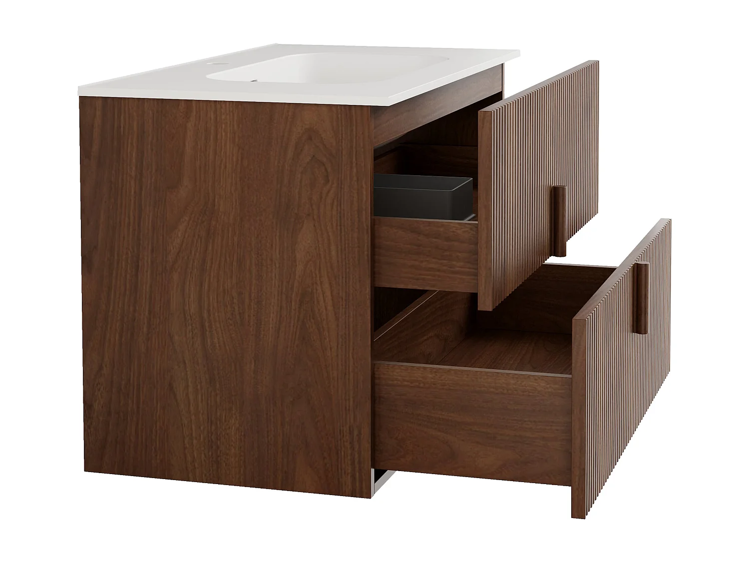 Meuble de salle de bain suspendu strié en bois de frêne avec vasque à encastrer en résine blanc mat et colonne – Naturel foncé – 80 cm – CAPRELA