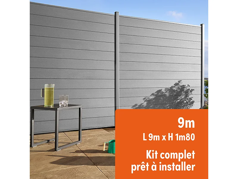 Kit complet clôture composite et aluminium à sceller H 1m80 L 9m gris quartz avec renforts acier - Palissade - Brise vue