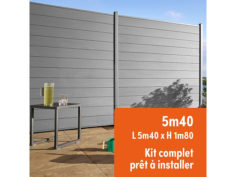 Kit complet clôture composite et aluminium à sceller H 1m80 L 5m40 gris quartz avec renforts acier - Palissade - Brise vue