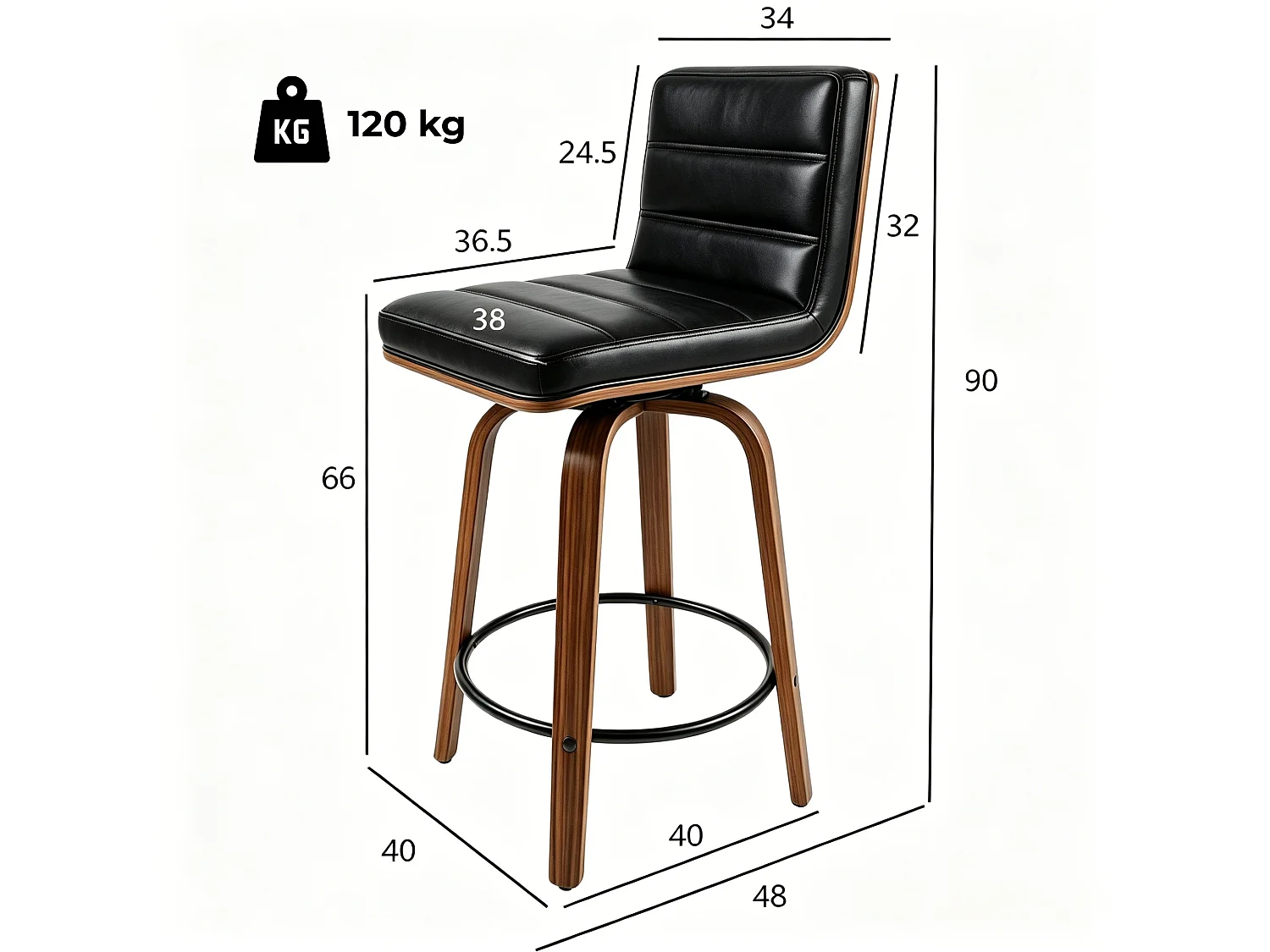 Set med 2 svängbara barstolar med PU klädsel, böjda träben och ringformat fotstöd
