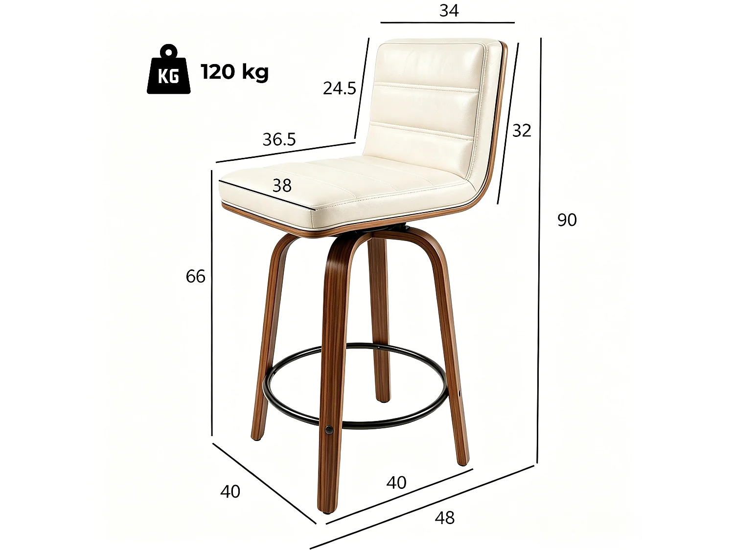 Set med 2 svängbara barstolar med PU klädsel, böjda träben och ringformat fotstöd
