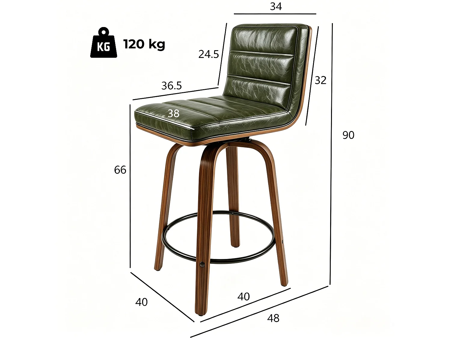 Set di 2 sgabelli da bar girevoli con rivestimento PU, gambe in legno curvato e poggiapiedi