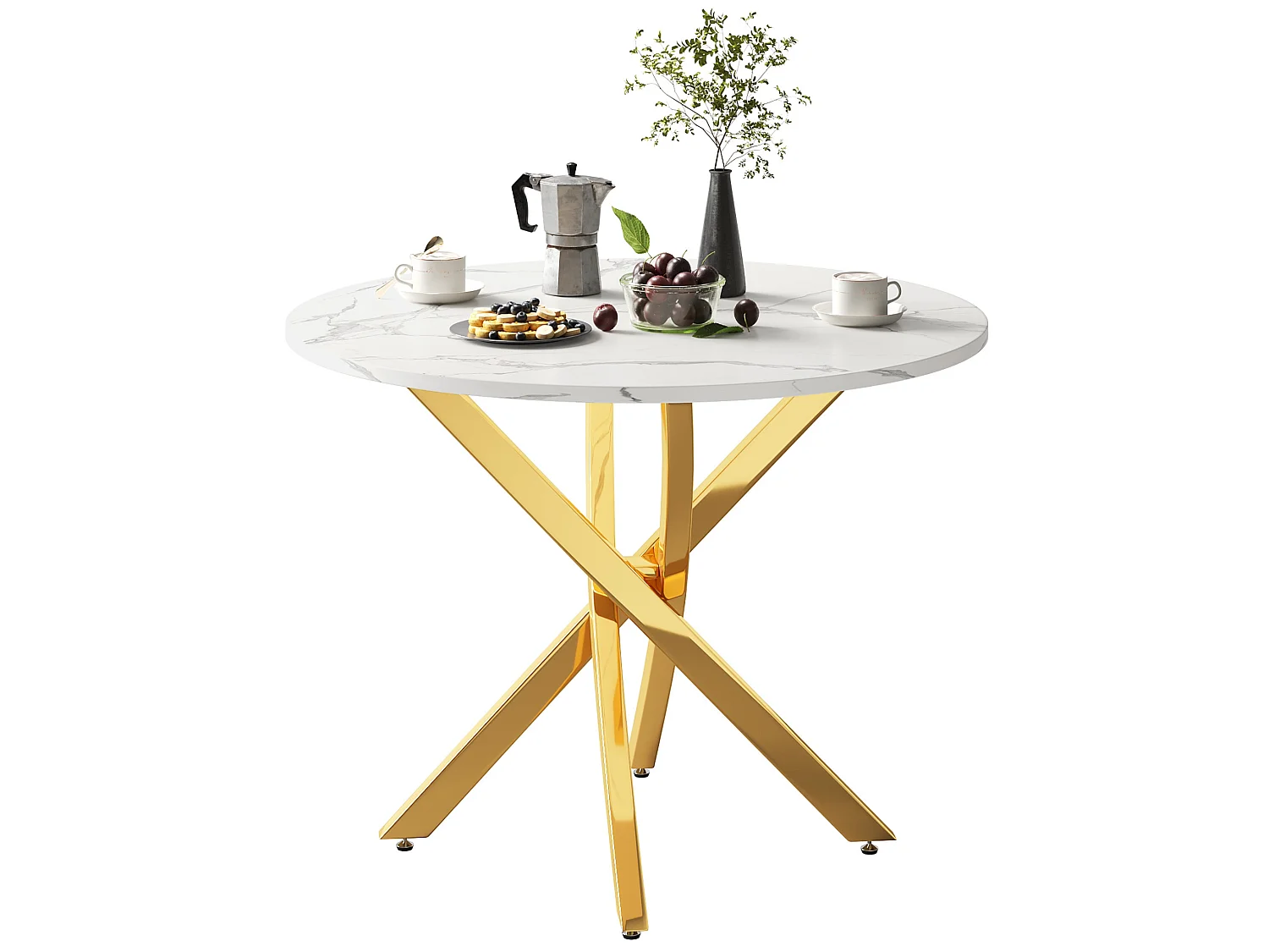 Ronde eettafel 80 cm met marmereffect of gehard glas en gekruiste metalen poten