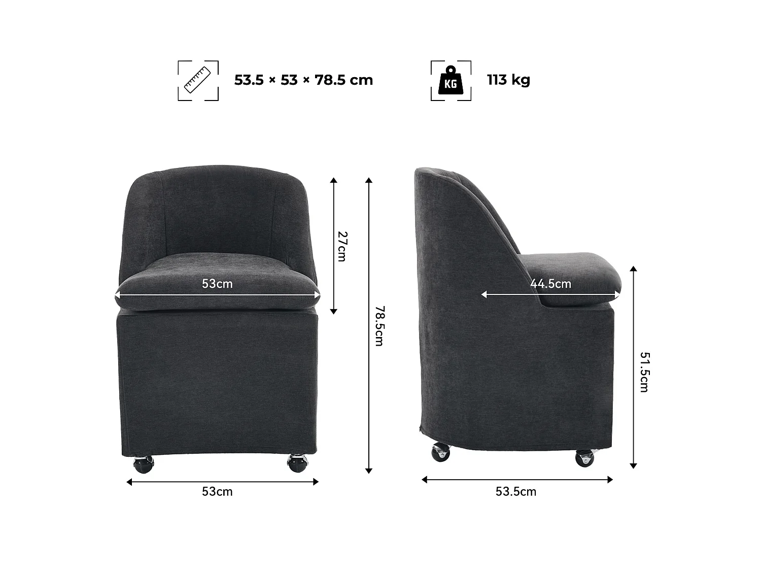 Set van 2 gestoffeerde chenille stoelen met wielen, afneembare hoezen en zonder armleuningen