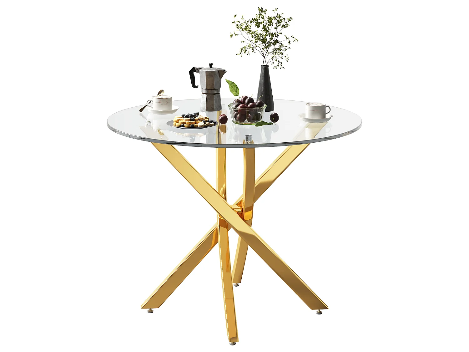 Ronde eettafel 80 cm met marmereffect of gehard glas en gekruiste metalen poten