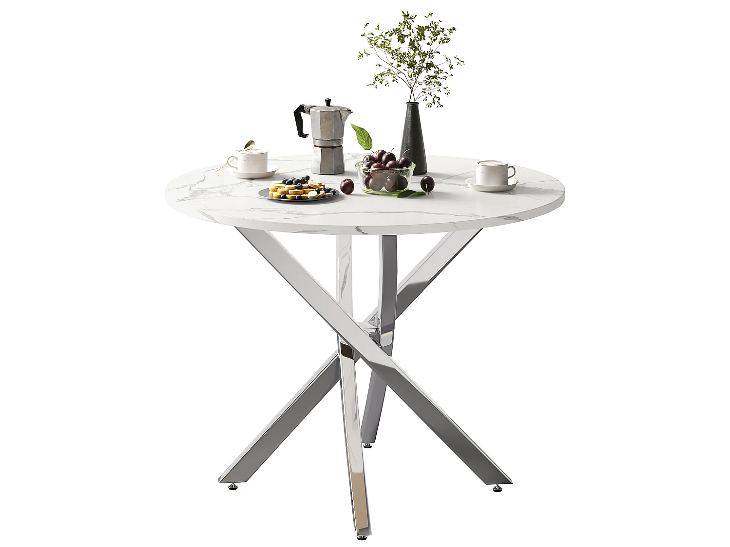 Runt matbord 80 cm med marmoreffekt eller härdat glas och korsade metallben