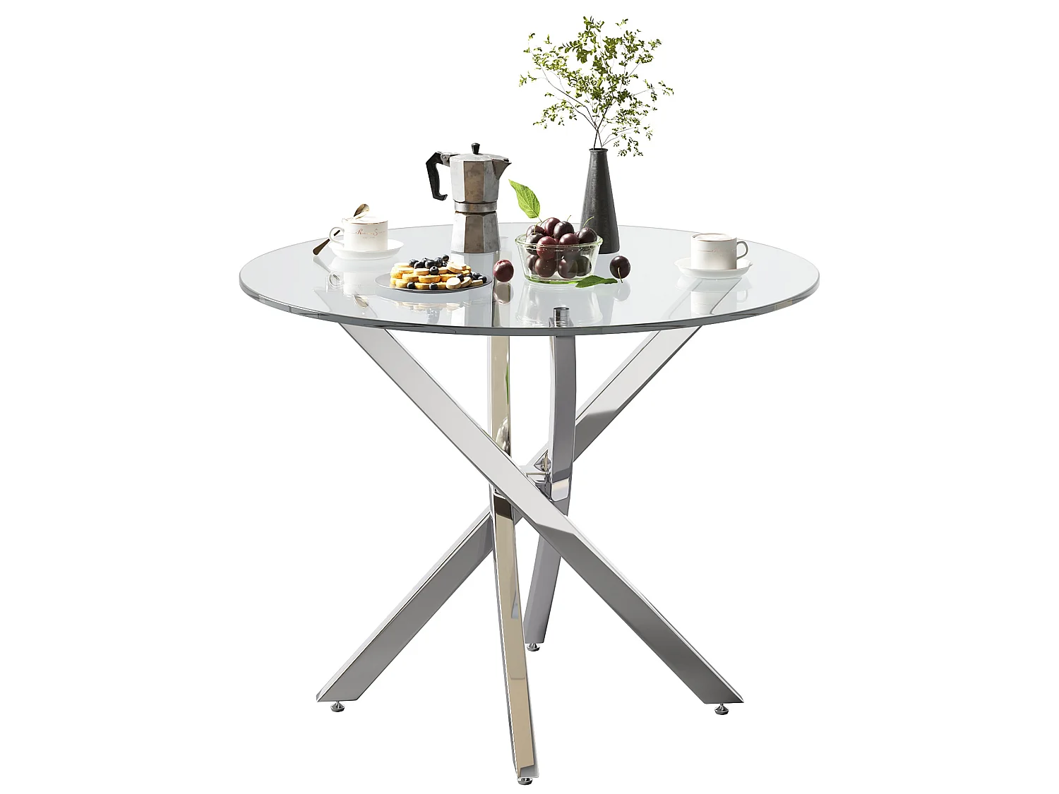 Table à manger ronde 80 cm effet marbre ou verre trempé avec pieds métalliques croisés