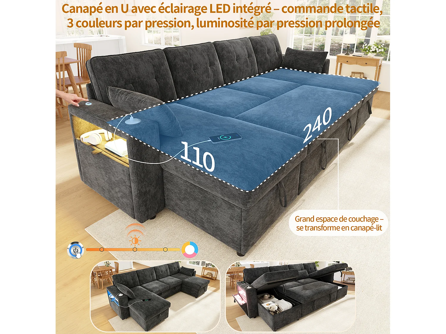 Canapé en U convertible en lit 4 places, chenille gris avec rangement et LED pour salon