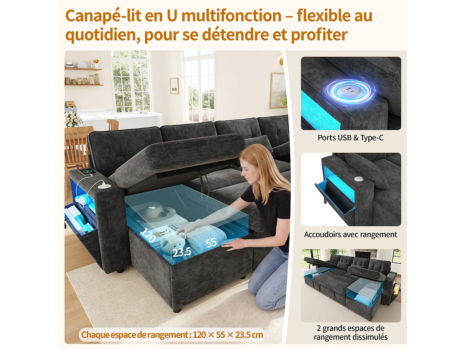 Canapé en U convertible en lit 4 places, chenille gris avec rangement et LED pour salon