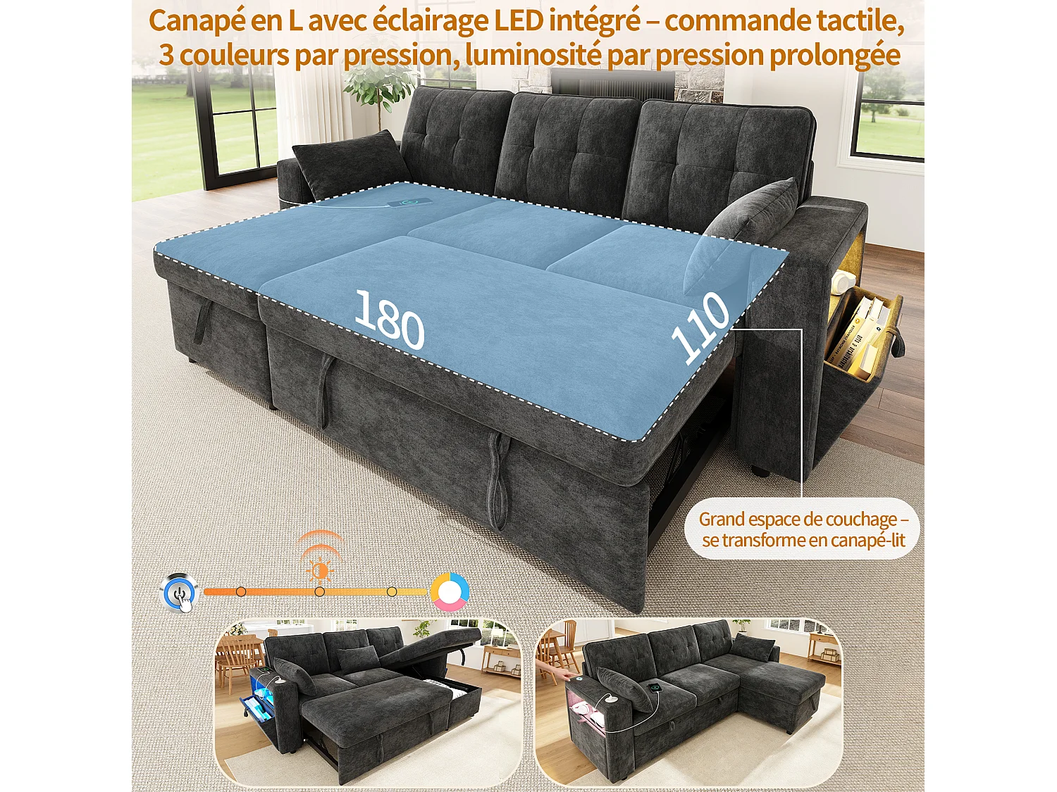 Canapé d'angle convertible gris 3 places avec méridienne réversible, LED et coffre