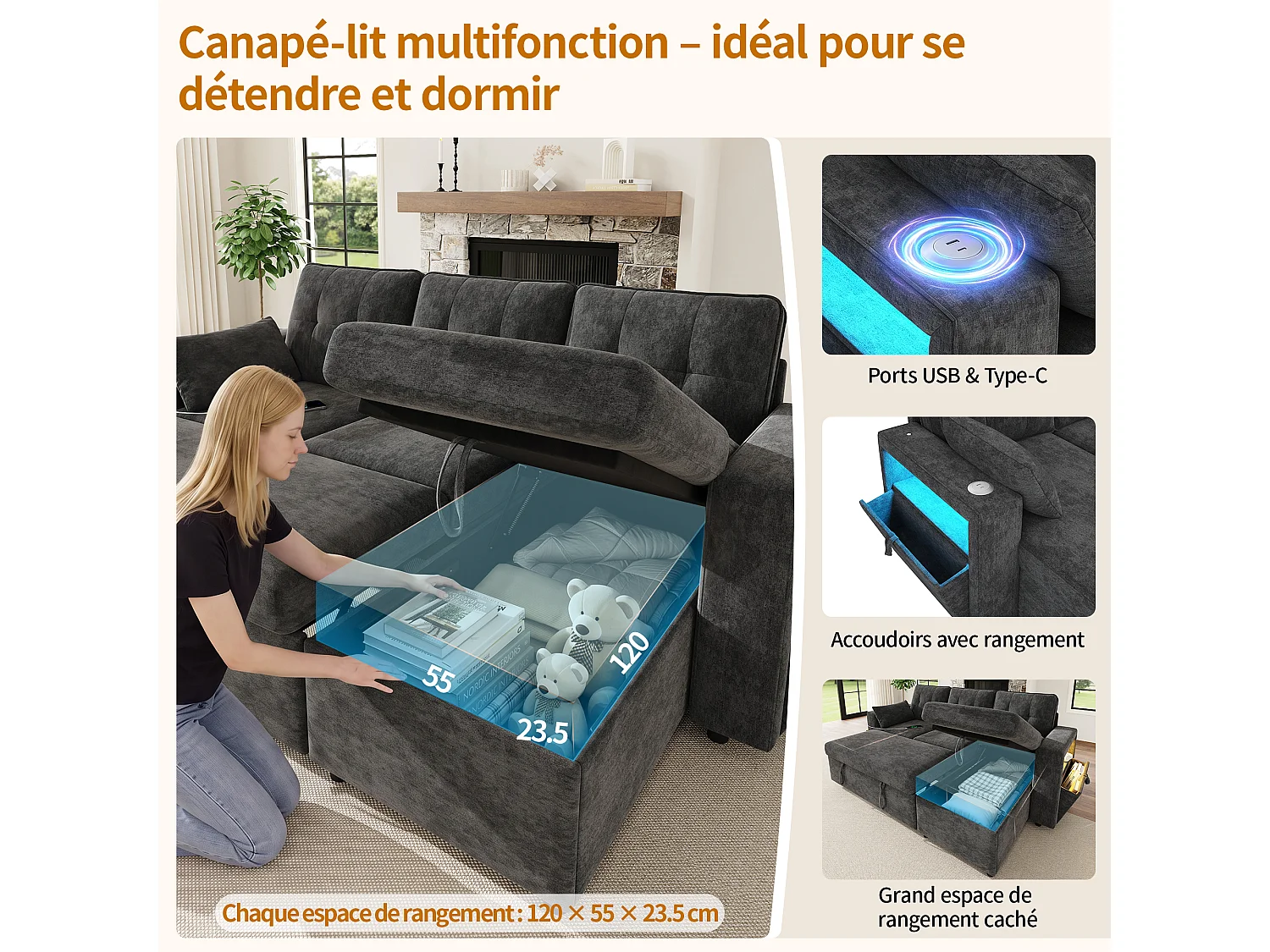 Canapé d'angle convertible gris 3 places avec méridienne réversible, LED et coffre