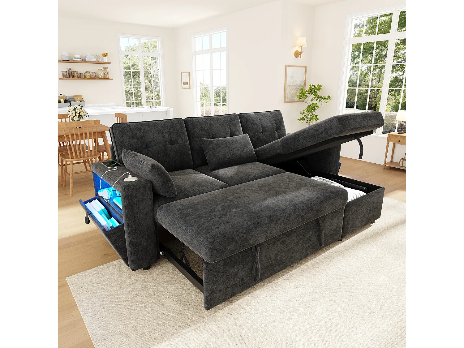 Canapé d'angle convertible gris 3 places avec méridienne réversible, LED et coffre