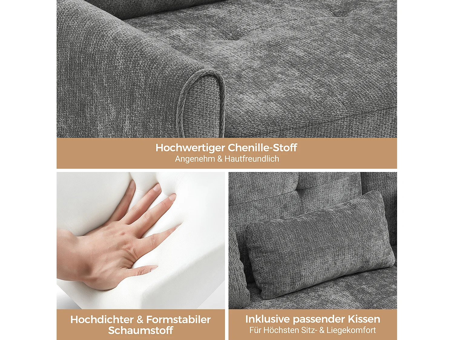 Canapé convertible 3 places en chenille grise, assise extensible et dossier réglable pour salon