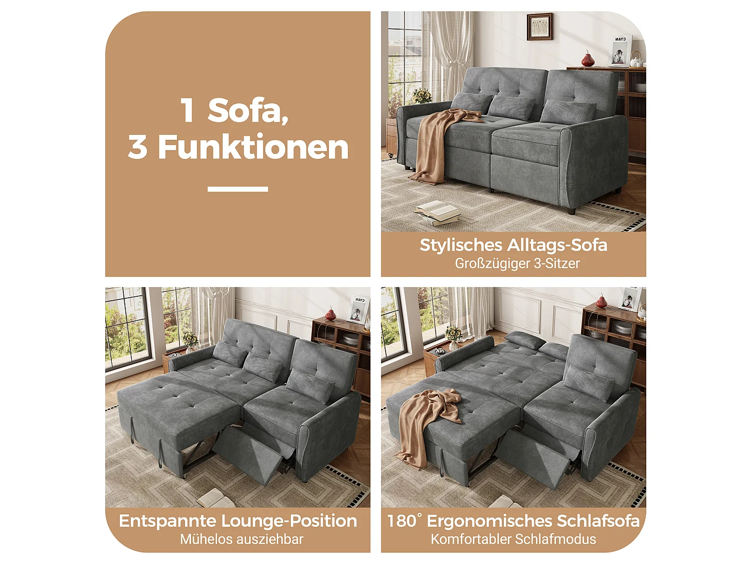 Canapé convertible 3 places en chenille grise, assise extensible et dossier réglable pour salon