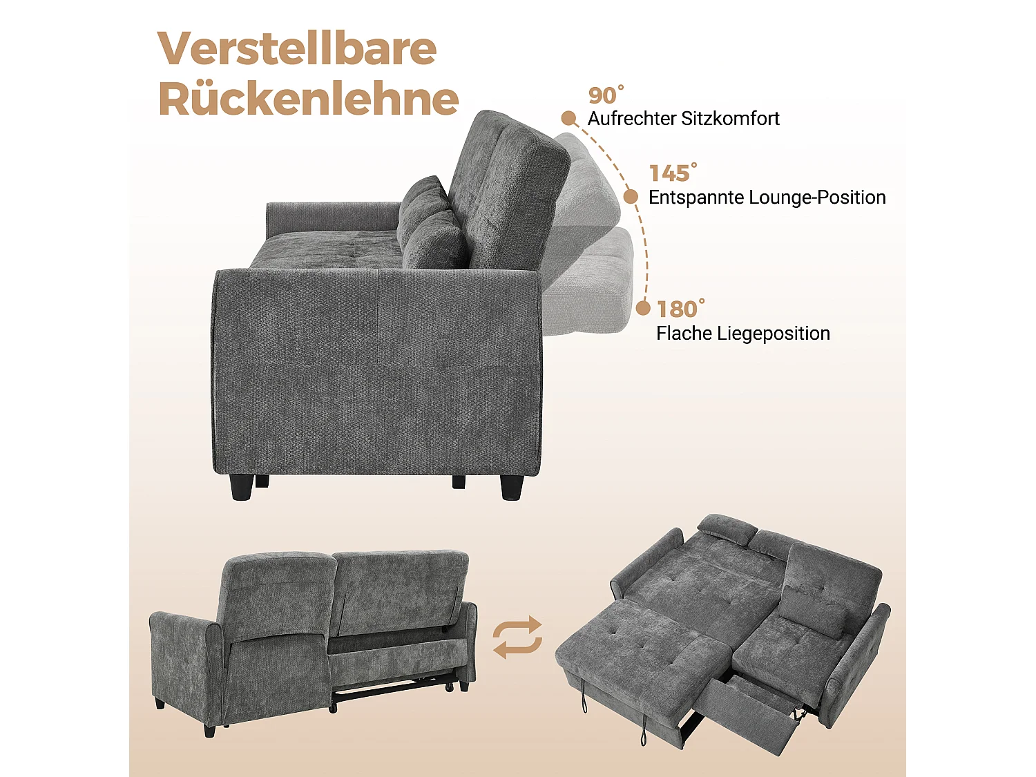 Canapé convertible 3 places en chenille grise, assise extensible et dossier réglable pour salon