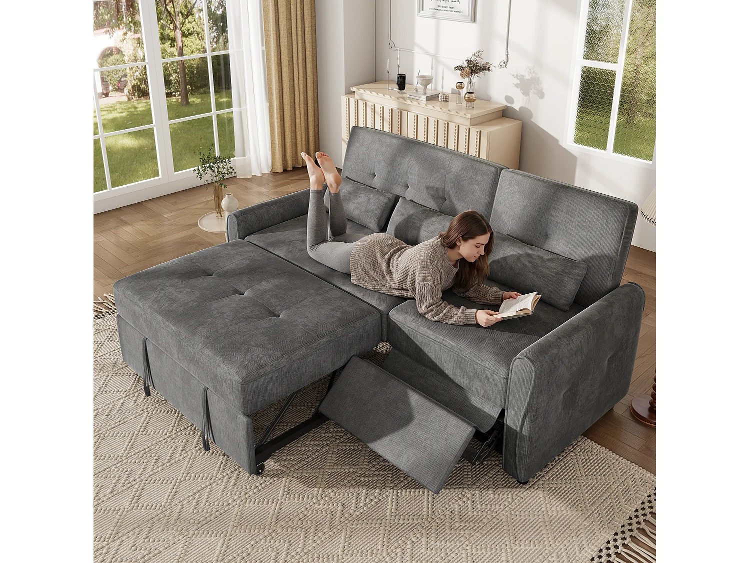Canapé convertible 3 places en chenille grise, assise extensible et dossier réglable pour salon