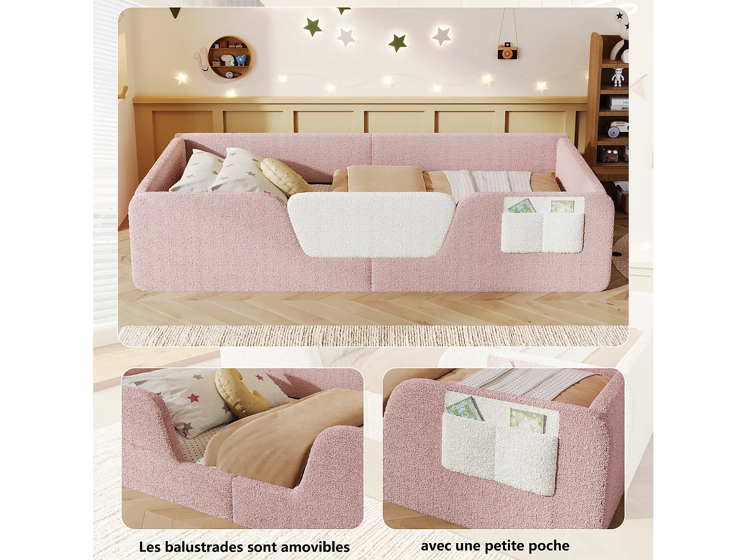 Lit enfant rembourré 90 x 190 cm en velours rose, sans matelas