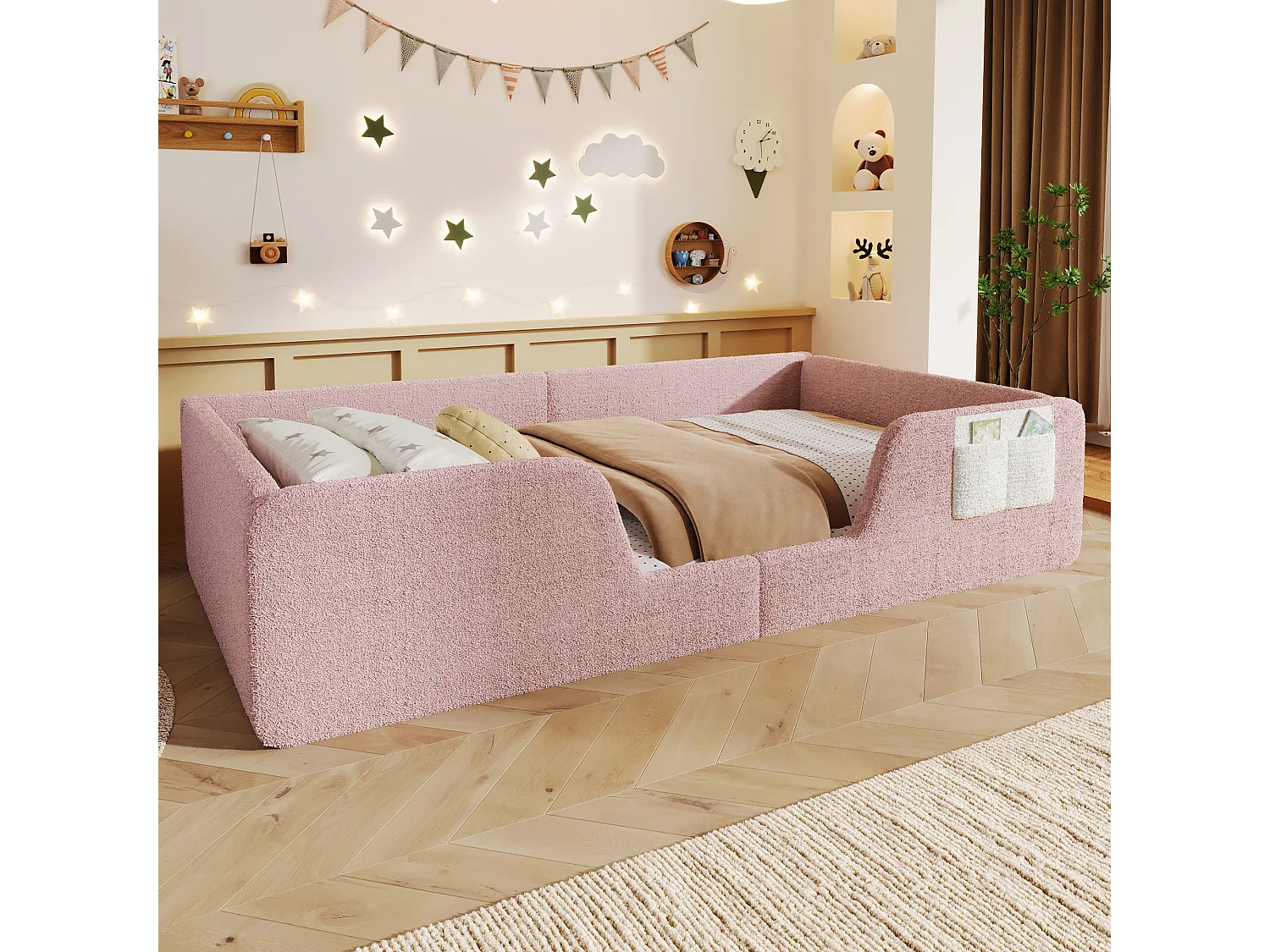 Lit enfant rembourré 90 x 190 cm en velours rose, sans matelas