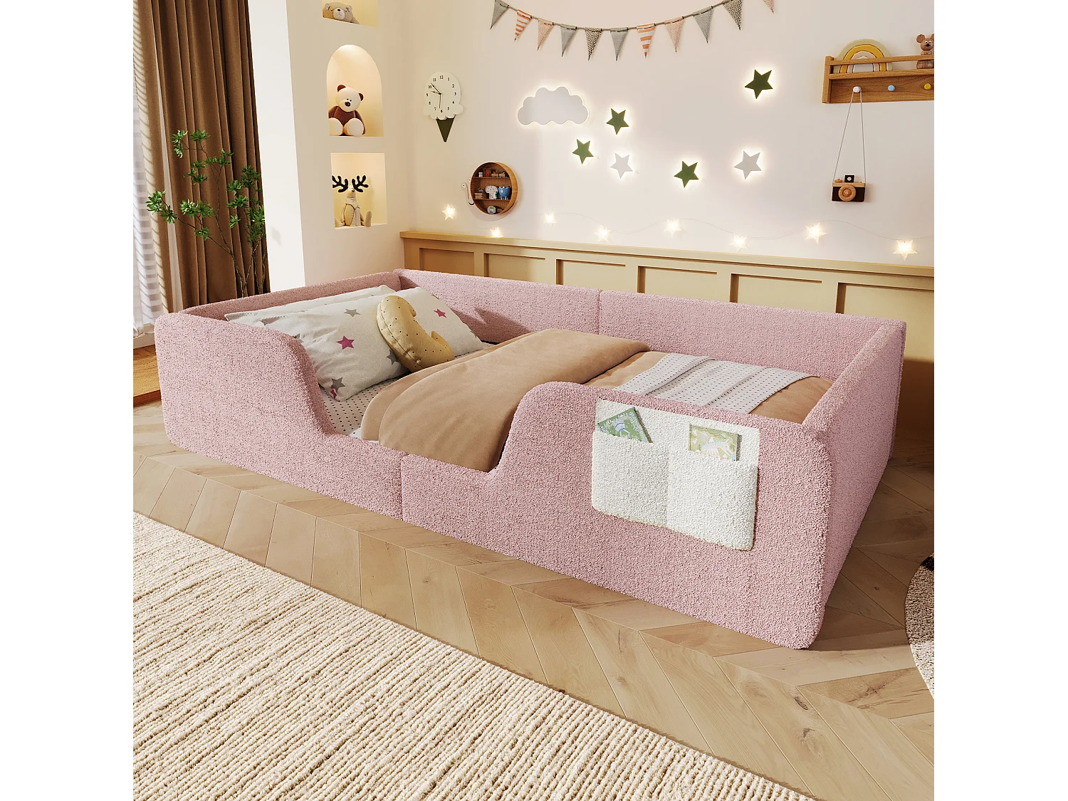 Lit enfant rembourré 90 x 190 cm en velours rose, sans matelas