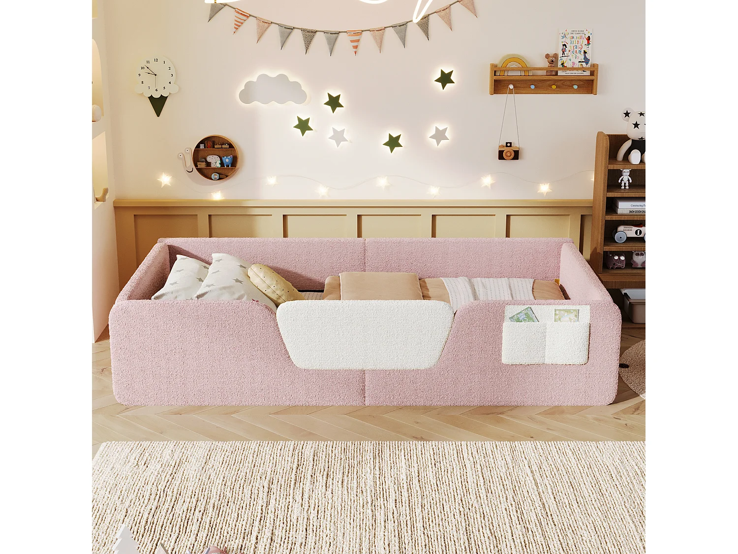 Lit enfant rembourré 90 x 190 cm en velours rose, sans matelas