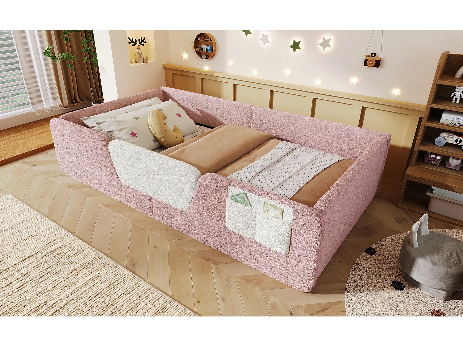 Lit enfant rembourré 90 x 190 cm en velours rose, sans matelas