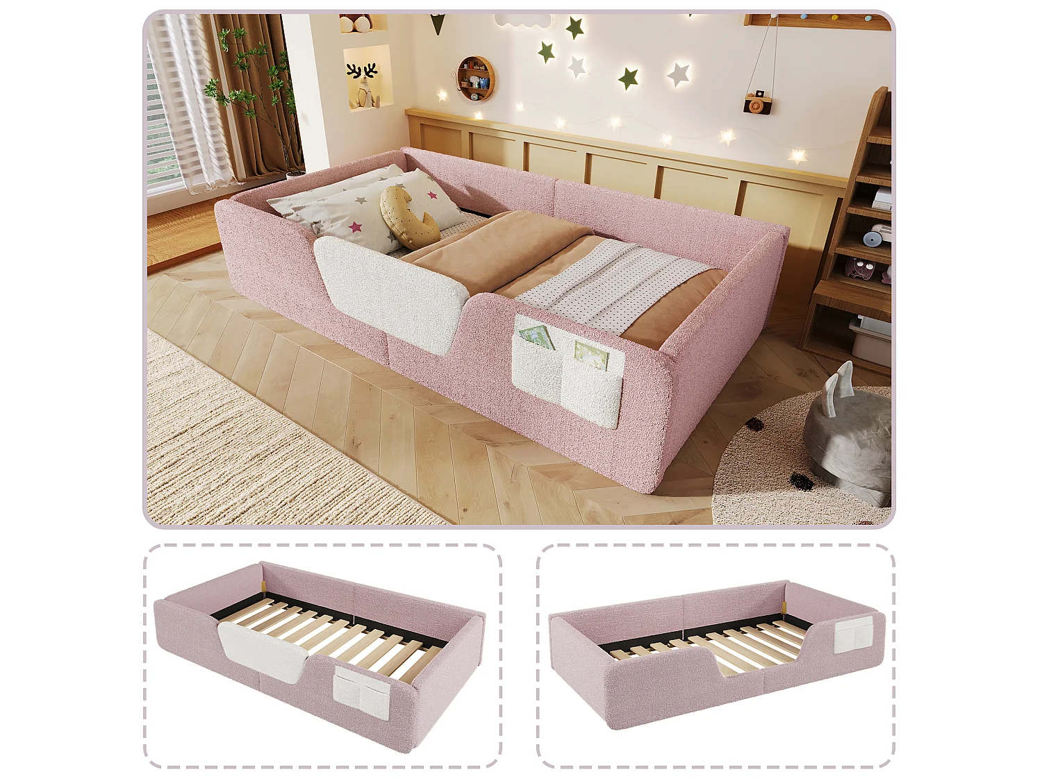 Lit enfant rembourré 90 x 190 cm en velours rose, sans matelas