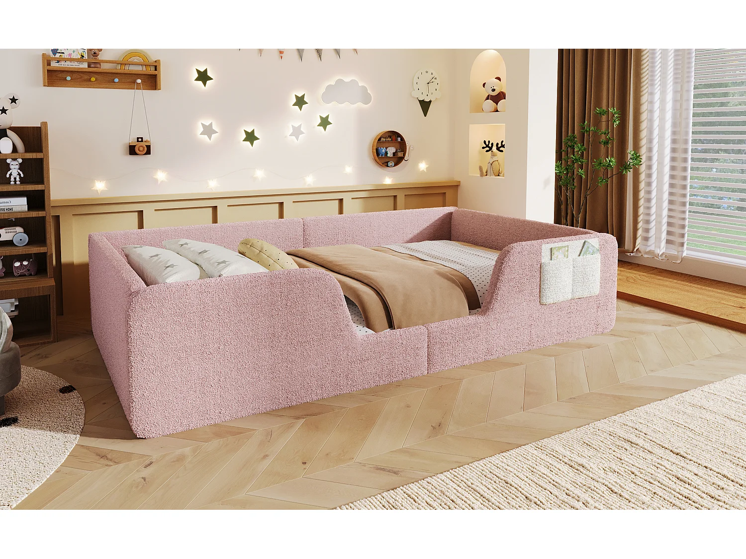Lit enfant rembourré 90 x 190 cm en velours rose, sans matelas