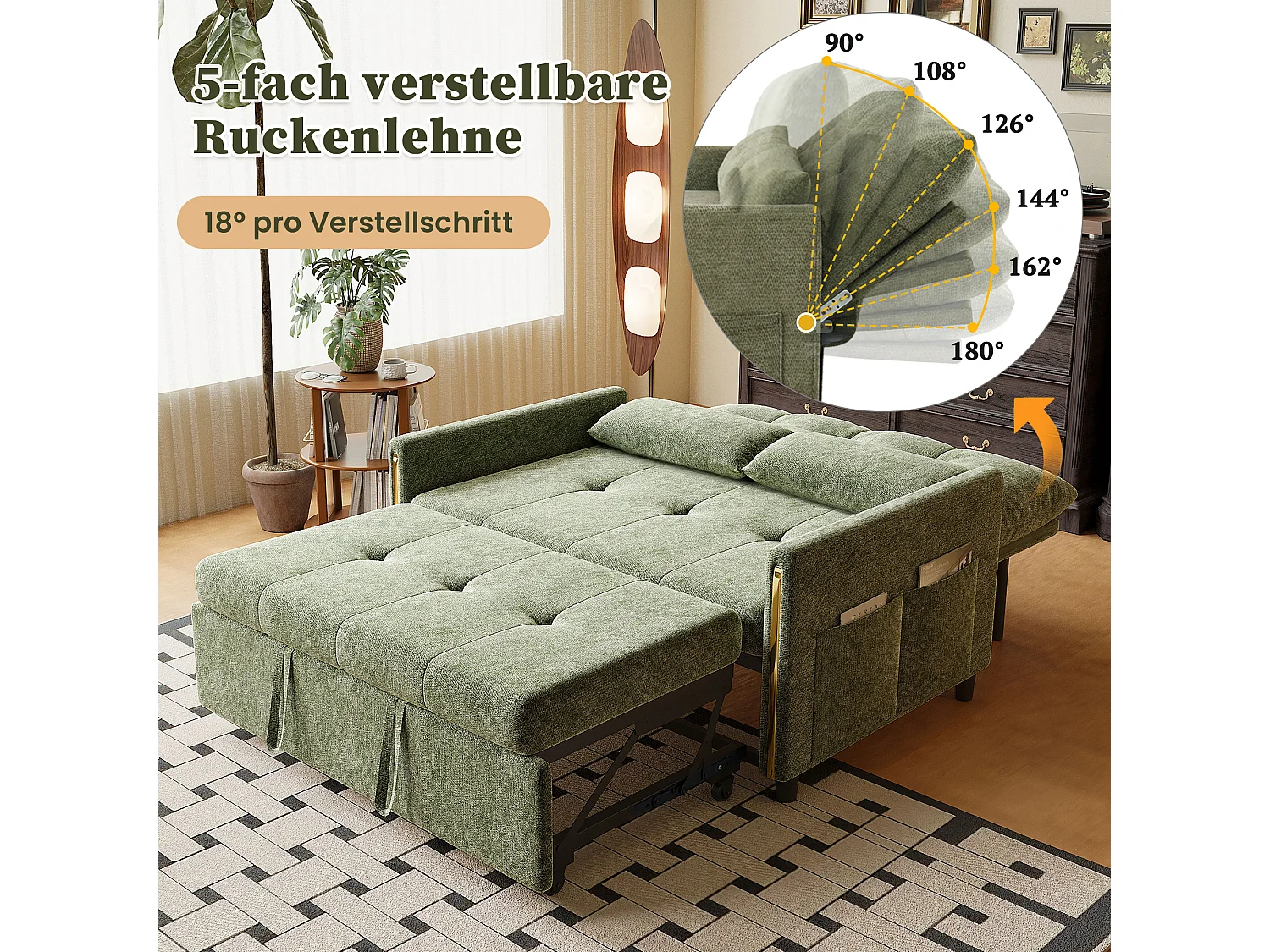 Canapé convertible 2 places en chenille verte, dossier inclinable et lit d’appoint pour salon