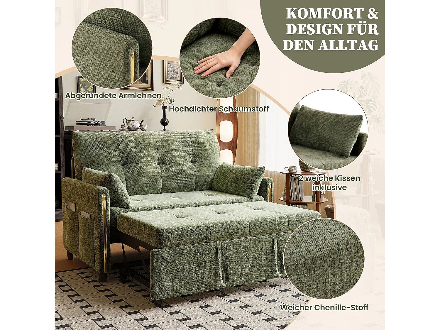 Canapé convertible 2 places en chenille verte, dossier inclinable et lit d’appoint pour salon