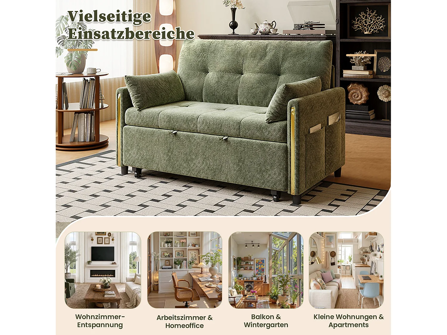 Canapé convertible 2 places en chenille verte, dossier inclinable et lit d’appoint pour salon