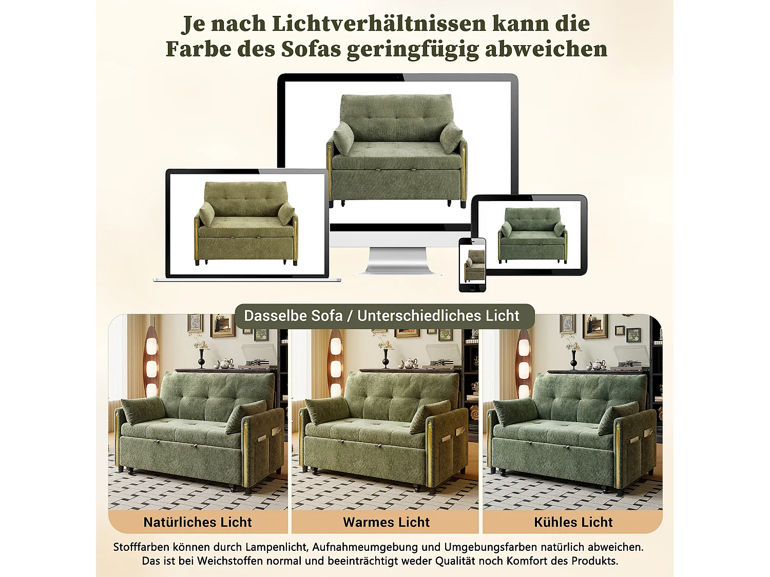 Canapé convertible 2 places en chenille verte, dossier inclinable et lit d’appoint pour salon
