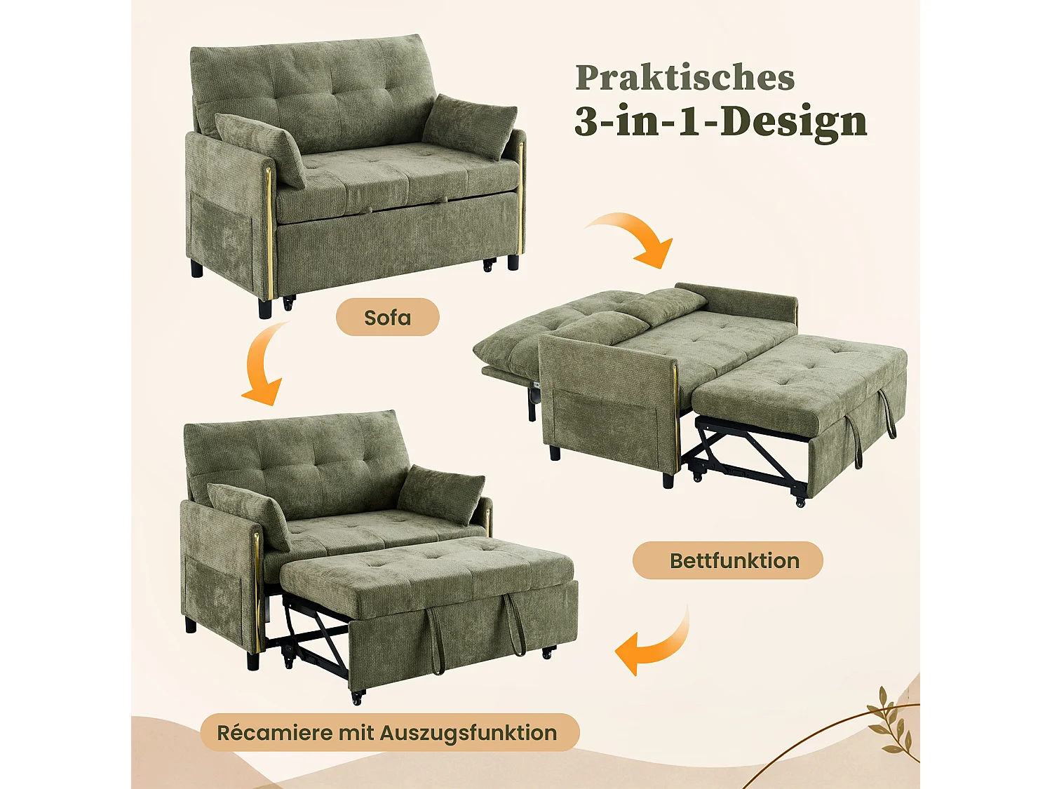 Canapé convertible 2 places en chenille verte, dossier inclinable et lit d’appoint pour salon