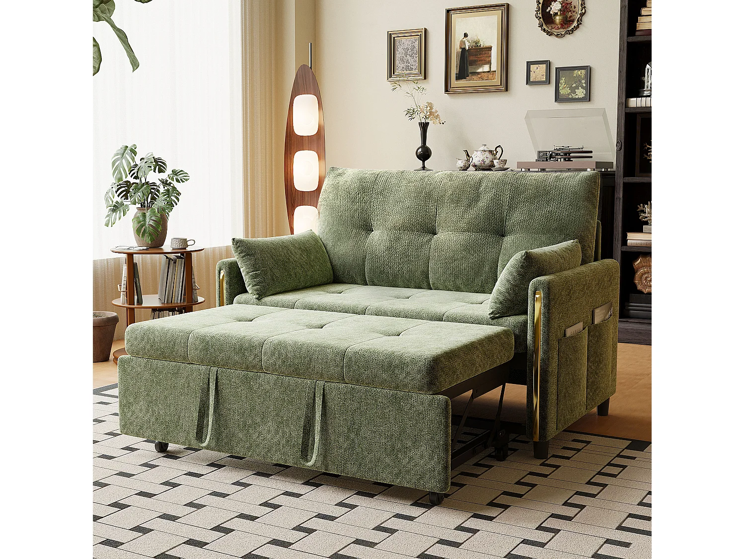 Canapé convertible 2 places en chenille verte, dossier inclinable et lit d’appoint pour salon