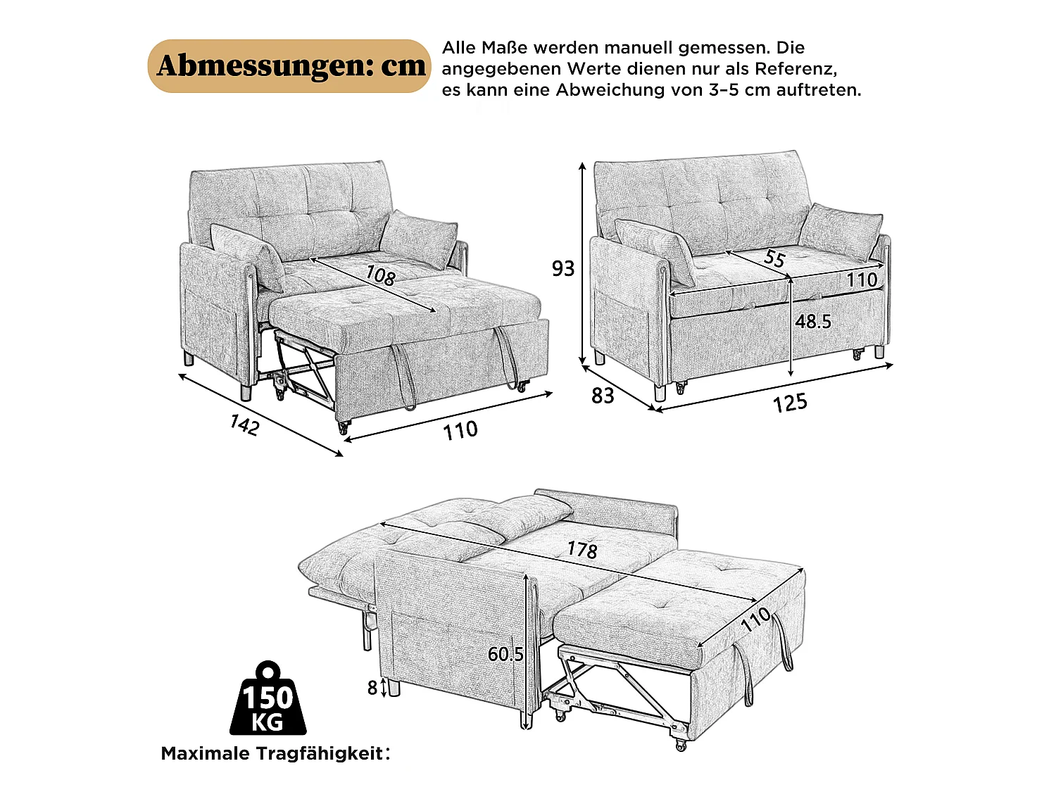 Canapé convertible 2 places en chenille verte, dossier inclinable et lit d’appoint pour salon