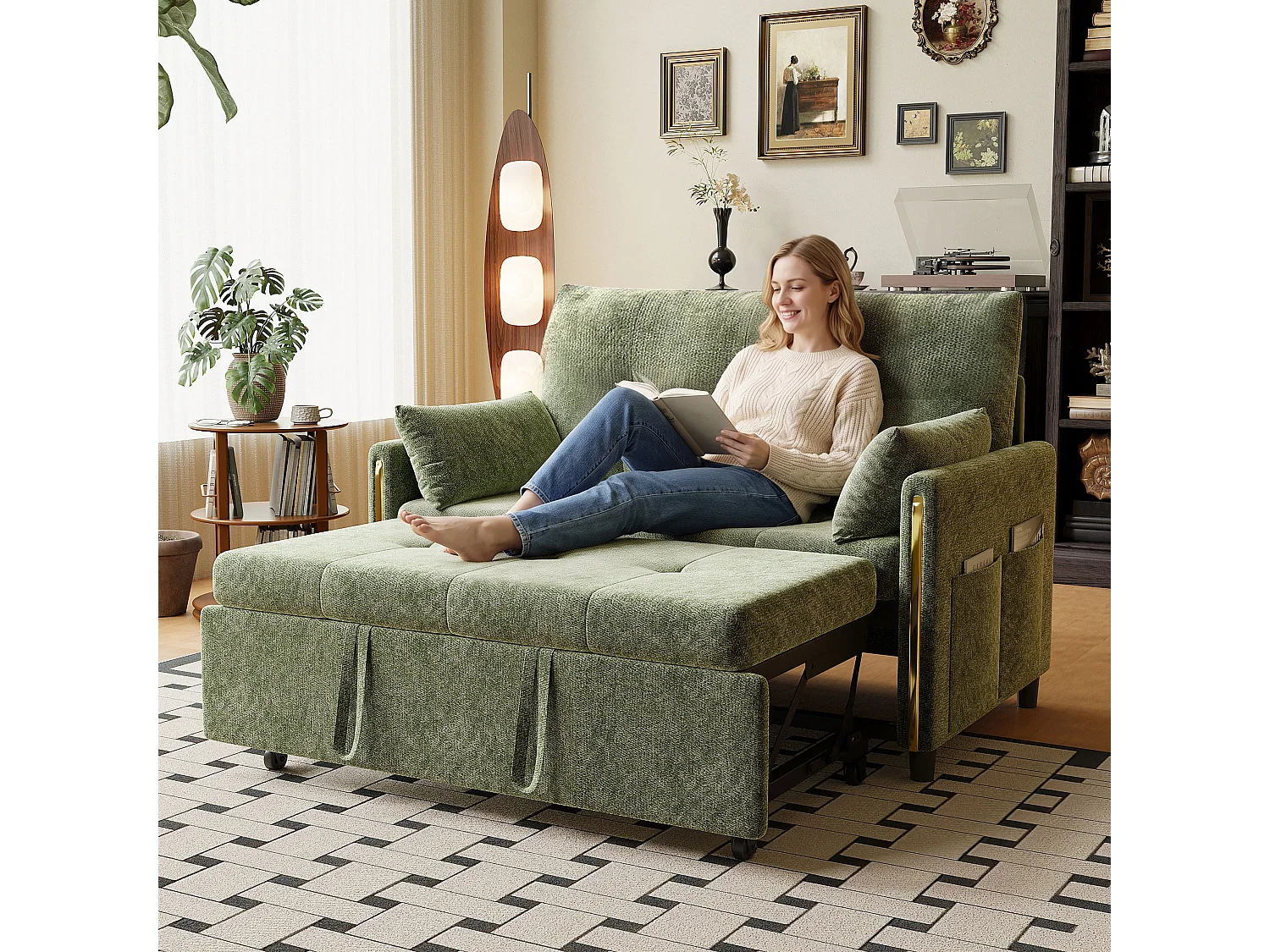 Canapé convertible 2 places en chenille verte, dossier inclinable et lit d’appoint pour salon