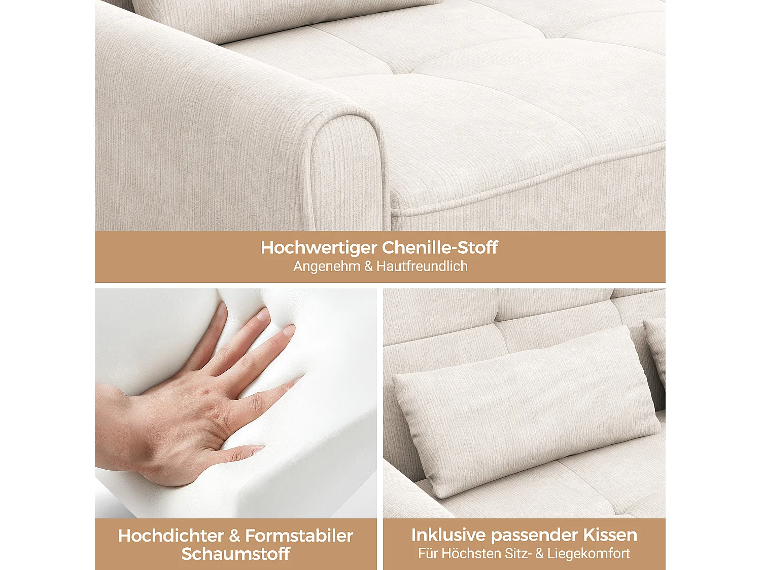 Canapé convertible 3 places en tissu chenille avec fonction couchage