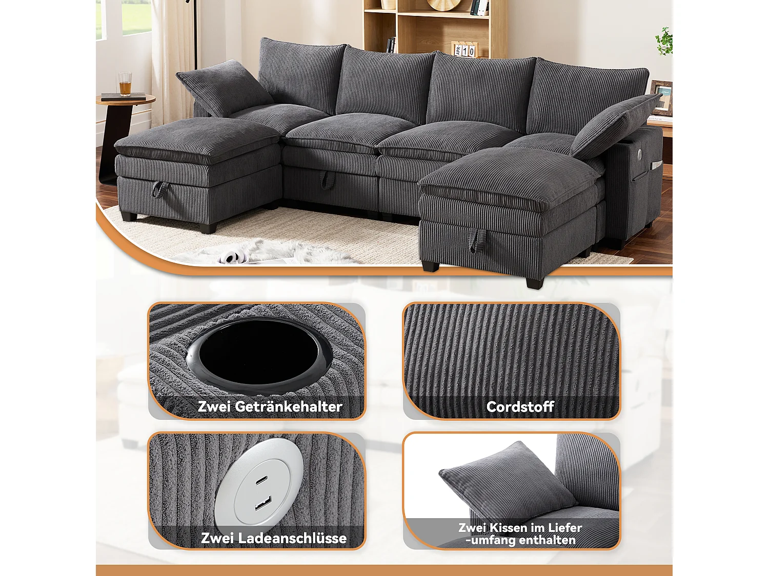 Canapé d'angle modulable 6 places en velours côtelé gris, avec poufs et rangements pour salon