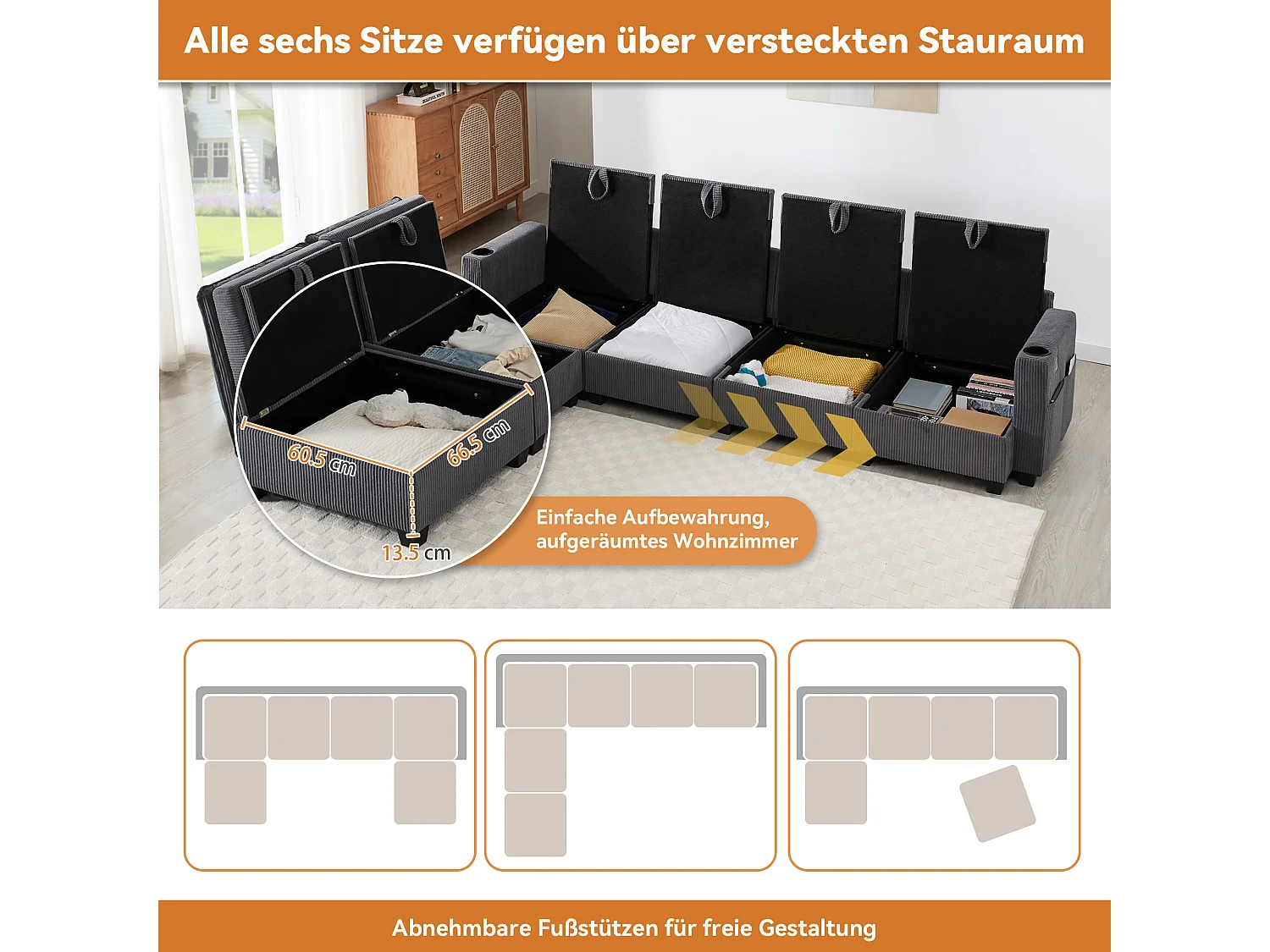 Canapé d'angle modulable 6 places en velours côtelé gris, avec poufs et rangements pour salon