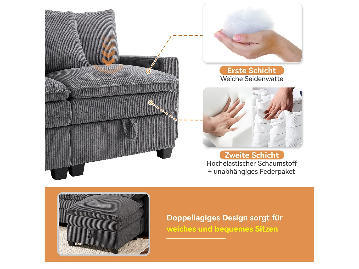 Canapé d'angle modulable 6 places en velours côtelé gris, avec poufs et rangements pour salon