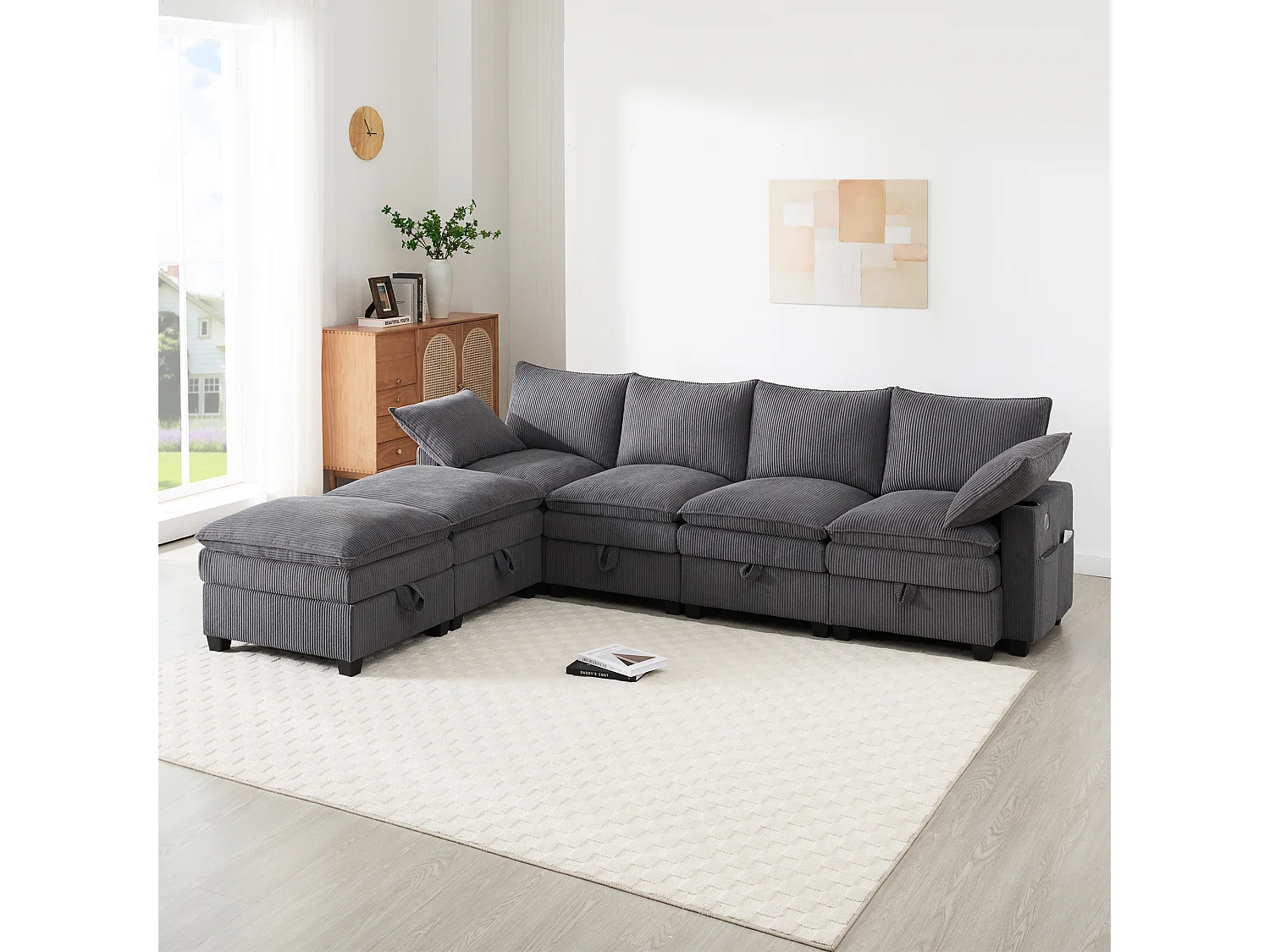 Canapé d'angle modulable 6 places en velours côtelé gris, avec poufs et rangements pour salon