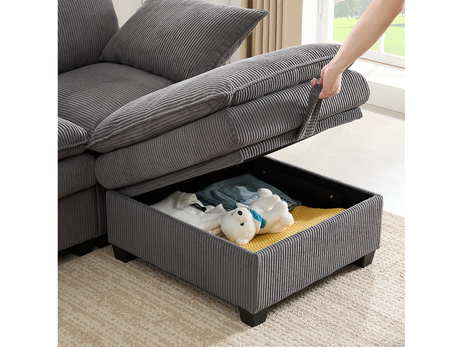 Canapé d'angle modulable 6 places en velours côtelé gris, avec poufs et rangements pour salon