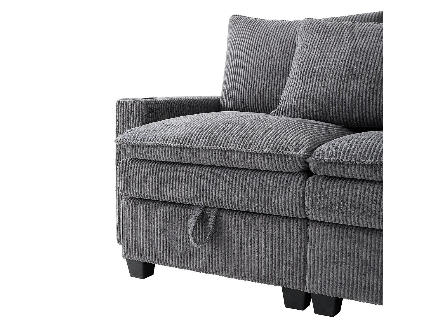 Canapé d'angle modulable 6 places en velours côtelé gris, avec poufs et rangements pour salon